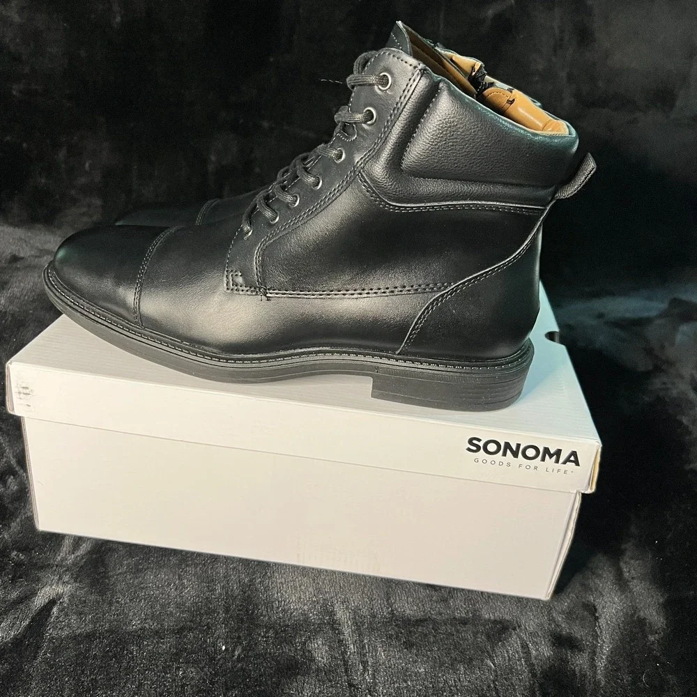 Sonoma Goods For Life Mateyo Mens 11.5 Black Leather Memory Foam Lace-Up Boots